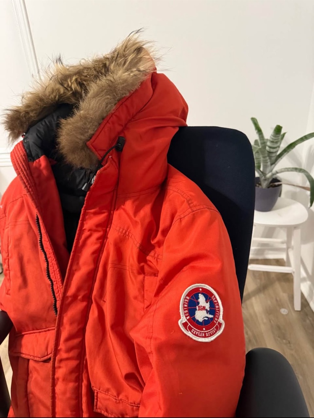 Red Parka Oxygen Jacket with Fur Trim Hood